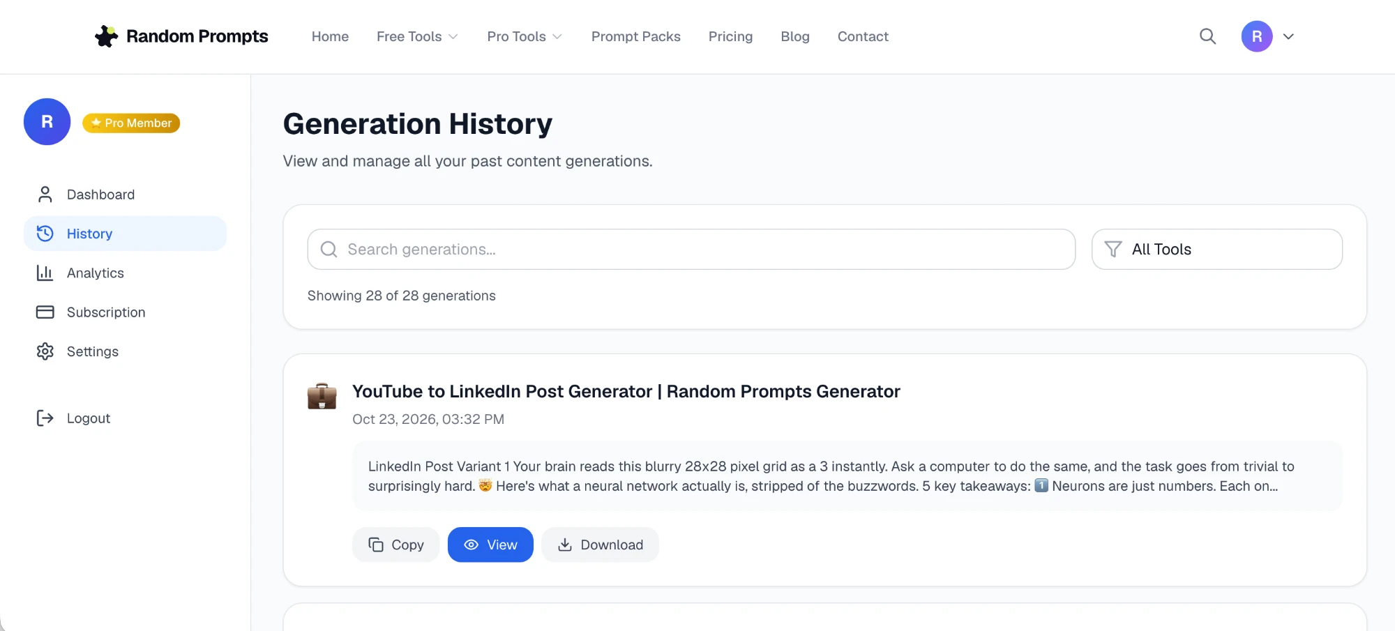 Generation History page showing 28 saved LinkedIn posts with Copy, View and Download buttons