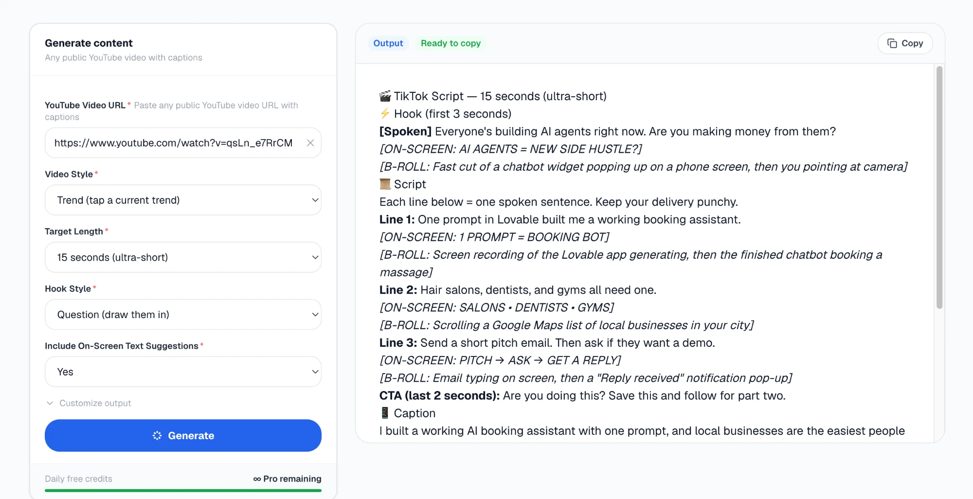 YouTube to TikTok Script Generator showing a 15-second script with hook, spoken lines, on-screen text and B-roll cues